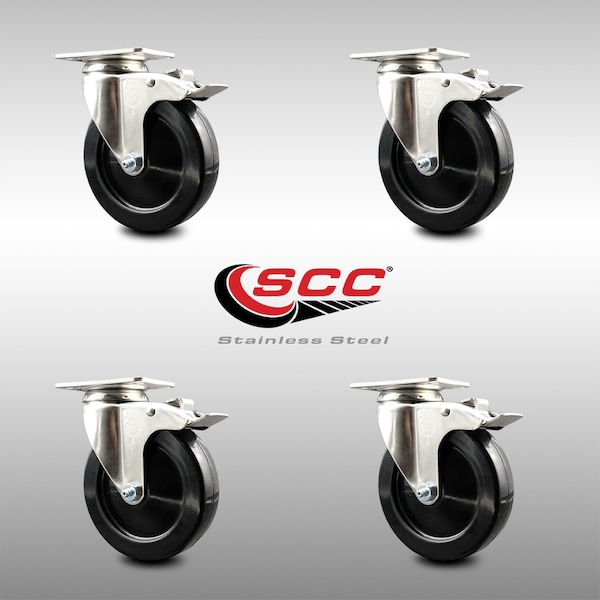 5 Inch 316SS Hard Rubber Wheel Swivel Top Plate Caster Set Total Lock Brake SCC